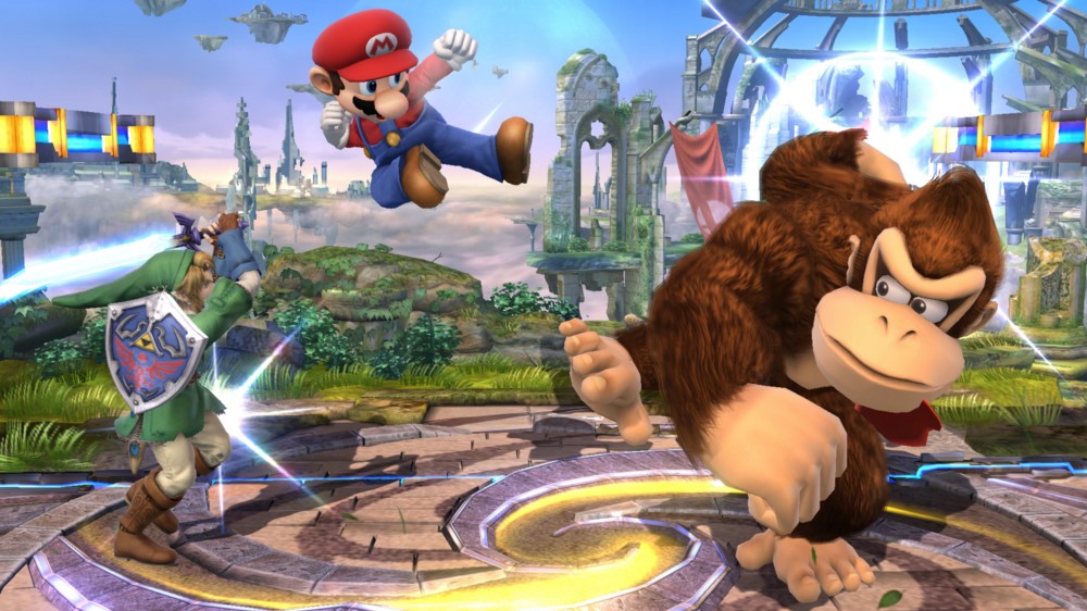 Zelda, Mario and Donkey Kong fighting in Super Mario Smash Brothers