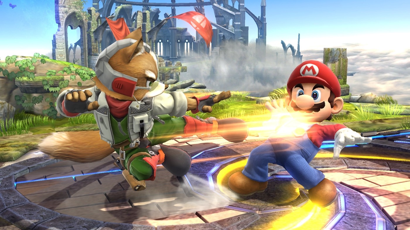 A Space fox kicking Mario's butt